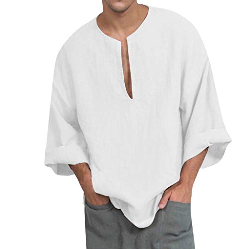 Kanpola Oversize Leinen Shirt MäNner V Ausschnitt Langarm Freizeit Hemd Ohne Kragen Vintage Lose Leinenhemd Oberhemden von Kanpola Herren Top