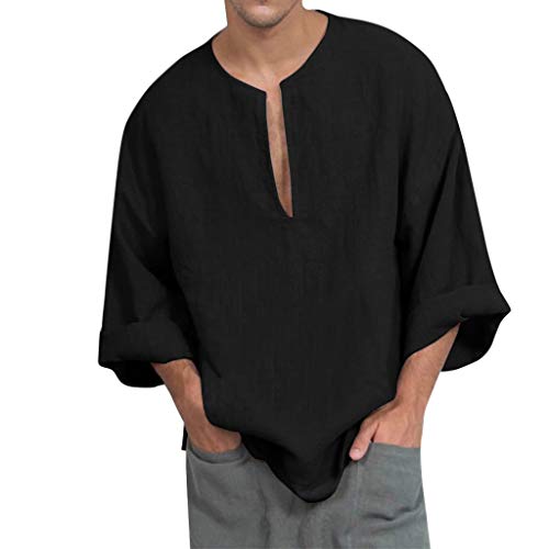 Kanpola Oversize Leinen Shirt MäNner V Ausschnitt Langarm Freizeit Hemd Ohne Kragen Vintage Lose Leinenhemd Oberhemden von Kanpola Herren Top