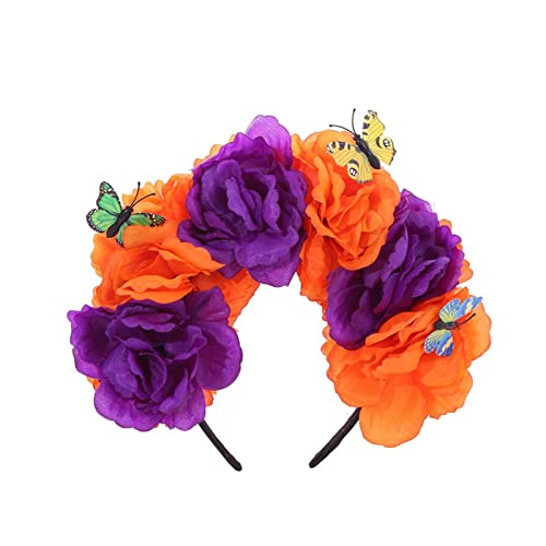 Kaohxzklcn Day of the Dead Stirnband Halloween mit Schmetterlingen Dekorationen Kostüm Cosplay Haarschmuck Mexikaner Kopfschmuck Halloween Tag der Toten Blume Gothic Blume Stirnband Kopfschmuck Haar von Kaohxzklcn