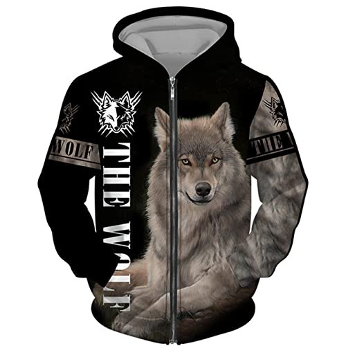 KarFri Herren-Kapuzenpullover, Wikinger-Wolf, 3D-Druck, Hip-Hop, lässig, durchgehender Reißverschluss, Kapuzen-Sweatshirt, Jacke, Tops, # 1, XXXXL von KarFri