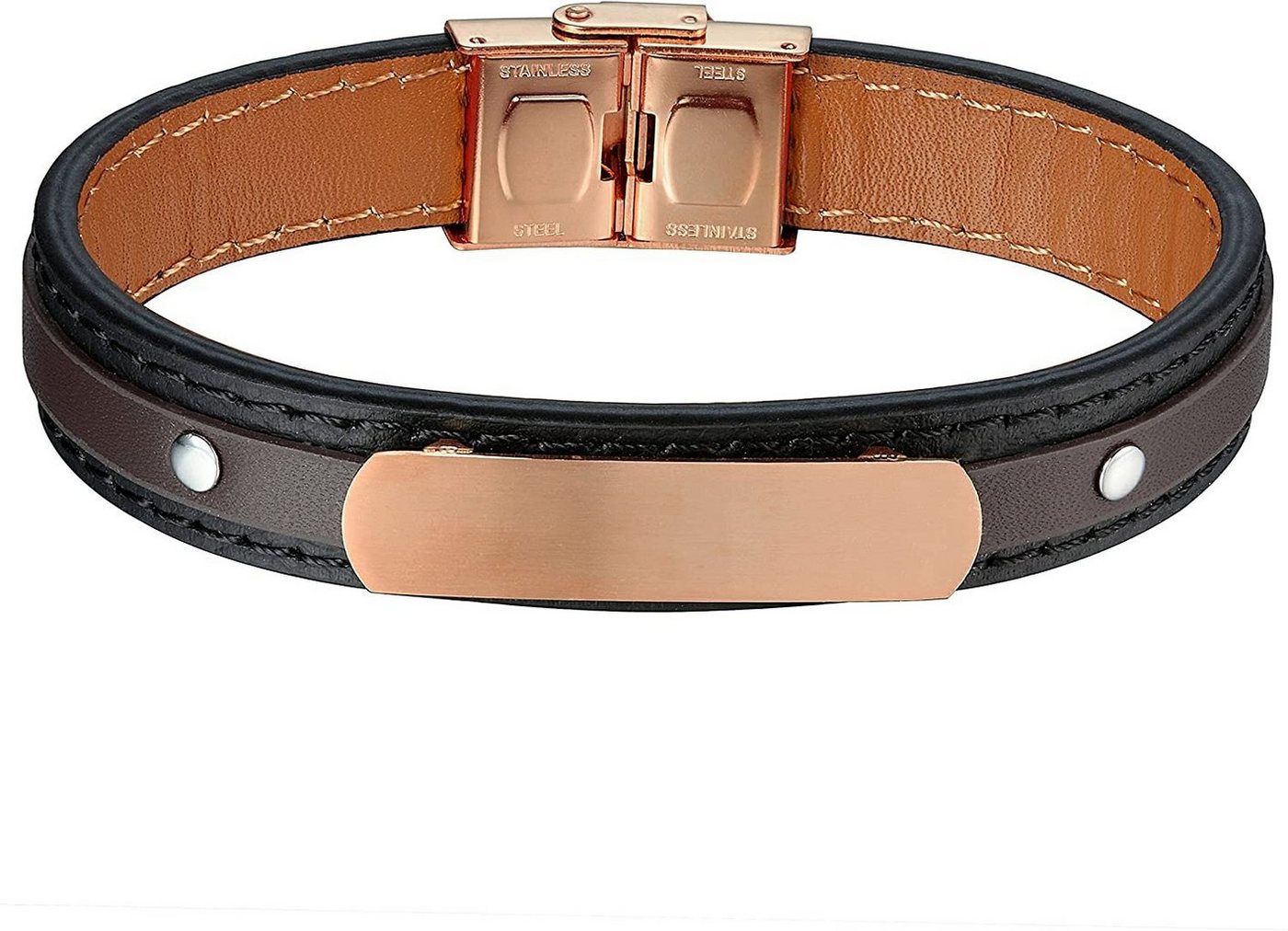 Karisma Lederarmband Karisma Männer Braunes und Schwarzes Lederarmband Edelstahl Plate Ideal zum Eingravieren Farbwahl Länge 21cm - Roségold von Karisma