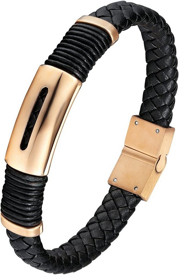 Karisma Lederarmband Karisma Männer Schwarzes Lederarmband Offene Platte und Edelstahl Elemente Länge 21cm Plus 1cm Verlängerung BLQ240 - Roségold von Karisma