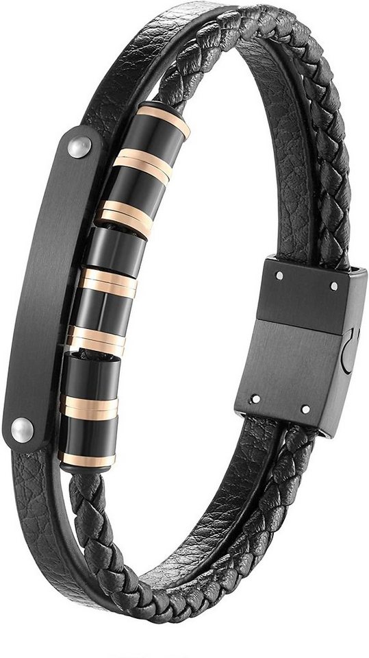 Karisma Lederarmband Karisma Männer Schwarzes Zweireihiges Lederarmband und Platte mit Edelstahl Elementen Länge 21cm BLQ246 - Roséblack von Karisma