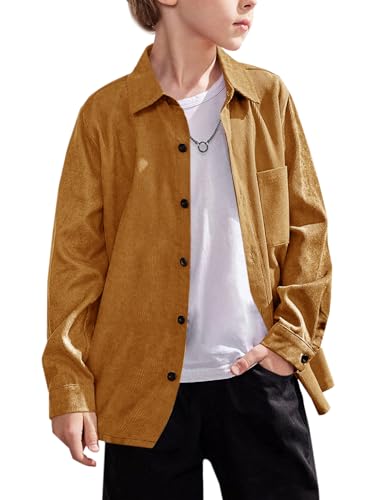 Karlywindow Jungen Kinder Cordhemd Langarm Button Down Hemden Vintage Herbst Winter Jacke Oberbekleidung, Beige, 12-14 Jahre von Karlywindow