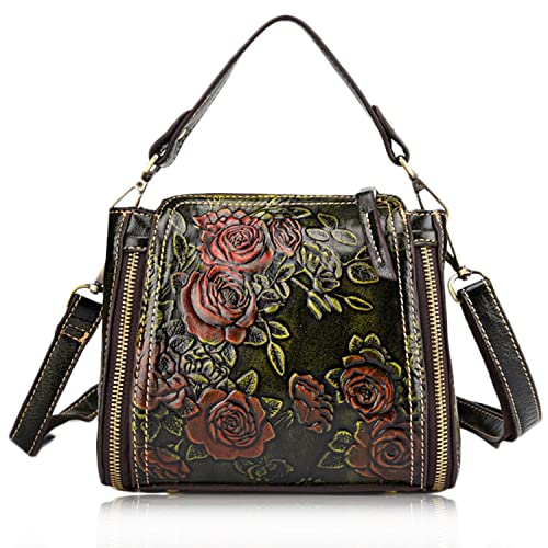 Karoukee Damen Vintage Schultertasche, Rindsleder Umhängetasche mit Geprägtem Blumenmuster, Designer Mode Handtasche für Frauen, Elegante Henkeltasche mit 2 Riemen in Verschiedenen Stilen von Karoukee