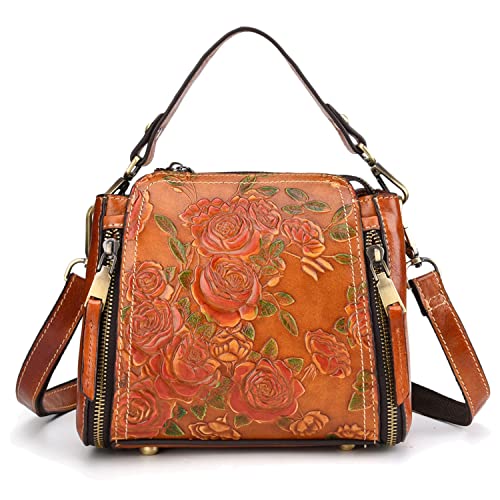 Karoukee Damen Vintage Schultertasche, Rindsleder Umhängetasche mit Geprägtem Blumenmuster, Designer Mode Handtasche für Frauen, Elegante Henkeltasche mit 2 Riemen in Verschiedenen Stilen von Karoukee