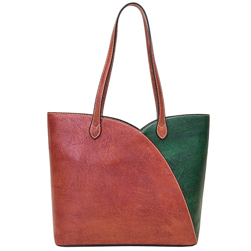 Karoukee Echtes Leder Tote Tasche für Frauen, Stilvolle Damen Umhängetasche, Große Zweifarbige Tornistertasche, Henkeltasche mit Color-Block-Design, Reißverschluss-Verschluss, Orange & Grün von Karoukee