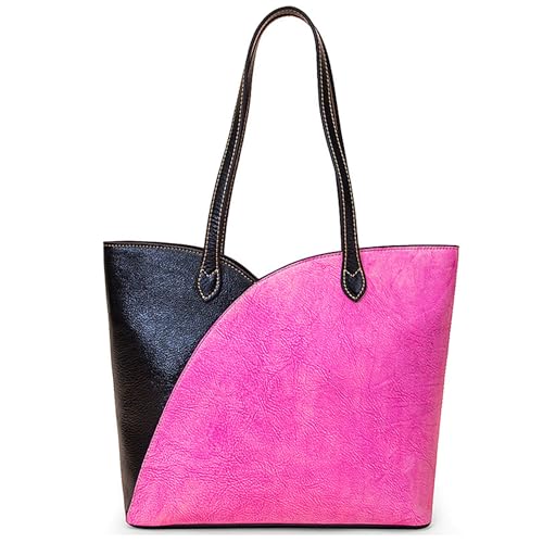 Karoukee Echtes Leder Tote Tasche für Frauen, Stilvolle Damen Umhängetasche, Große Zweifarbige Tornistertasche, Henkeltasche mit Color-Block-Design, Reißverschluss-Verschluss, Rosa & Schwarz von Karoukee