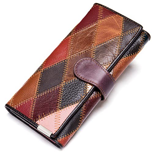 Karoukee Handgefertigte Patchwork Große Trifold Geldbörse für Frauen, Bunt Damen Kreditkartenetui Brieftasche aus echtem Leder, Handy Clutch Geldbörse mit 3 Ausweisfenster & Reißverschlussfach von Karoukee