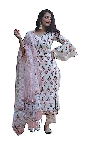 Kurti Set für Damen mit Dupatta Indian Party Wear Kurta Tops mit Hose Hose Set, weiß/rot, Medium von Kartutva