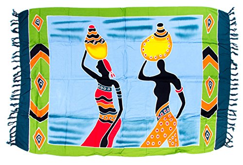 Kascha Sarong Pareo Wickelrock Strandtuch Tuch Wickeltuch Handtuch - Blickdicht - ca. 170cm x 110cm - Blau Grün Orange mit Afrika Motiv Handgefertigt inkl. Kokos Schnalle in Rauteform von Kascha