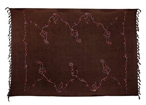 Kascha Sarong Pareo Wickelrock Strandtuch Tuch Wickeltuch Handtuch - Blickdicht - ca. 170cm x 110cm - Braun Einfarbig mit Bunter Stickerei Handgefertigt inkl. Kokos Schnalle in Schmetterlingform von Kascha