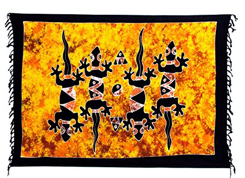 Kascha Sarong Pareo Wickelrock Strandtuch Tuch Wickeltuch Handtuch - Blickdicht - ca. 170cm x 110cm - Orange Schwarz Batik mit Gecko Motiv Handgefertigt inkl. Kokos Schnalle in Rauteform von Kascha