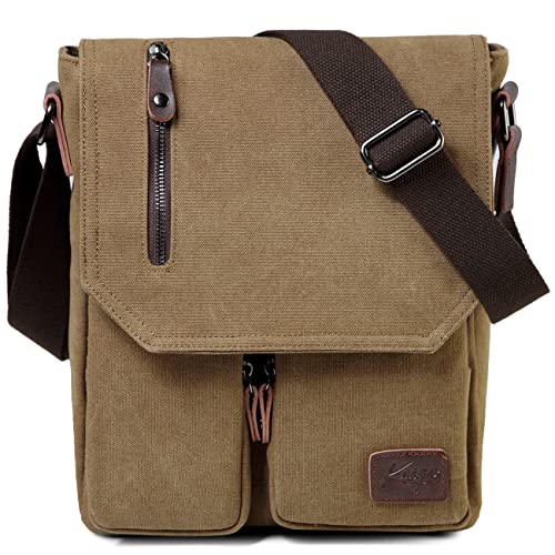 Kasgo Kleine Umhängetasche, Wasserabweisend Vintage Segeltuch Herrentasche Schultertasche Klassische Kuriertasche Herren Damen Crossbody für Arbeit Schule Khaki von Kasgo