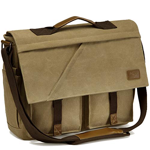 Umhängetaschen Herren, Kasgo Vintage Wasserabweisend Leinwand 15.6 Zoll Laptop Aktentasche Schultertasche Damen Laptop-Taschen mit Gepolstertem Schultergurt Stoßfestes Laptopfach Gepäckmanschett Khaki von Kasgo