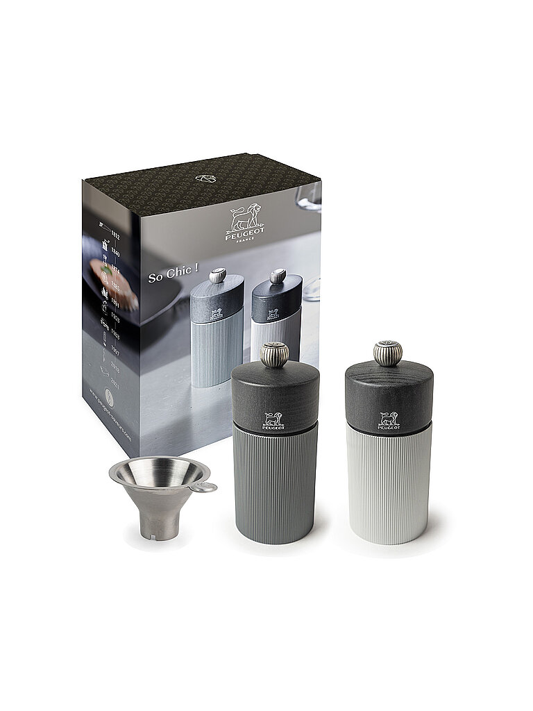PEUGEOT Salz-/Pfeffermühle Set SO CHIC DUO LINE 3tlg. inklusive Trichter Alu/Carbon Grau grau PEUGEOT Salz-/Pfeffermühle Set SO CHIC DUO LINE 3tlg. inklusive Trichter Alu/Carbon Grau grau von Kastner & Öhler DE/AT