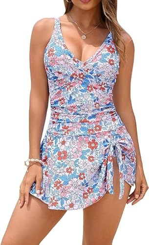 Damen Elegant Badekleid Ruched Bauchweg Cut Out Einteilige Strandmode Wickeloptik Swimsuit Hellblaues Blumenmuster XL von Kate Kasin