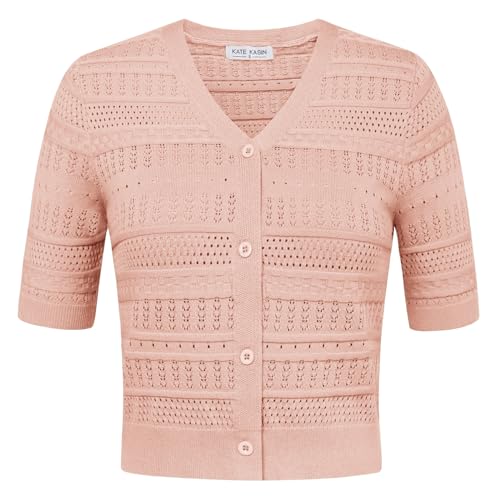 Damen Kurz Freizeitjacke Kurz Knopfleiste Strickjacke Open Front Sweater Casual Strickjacke Kurzarme Strickjacke Hellrosa M KK0705S24-04 von Kate Kasin