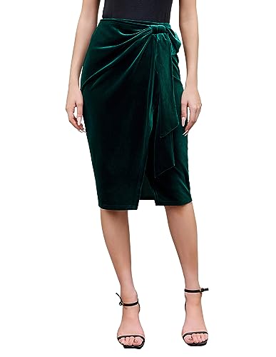 Damen Midi Rock Mit Ziergürtel Samt Stretch Taille Freizeitrock mit Schlitz Knielang Skirt Bleistiftrock von Kate Kasin