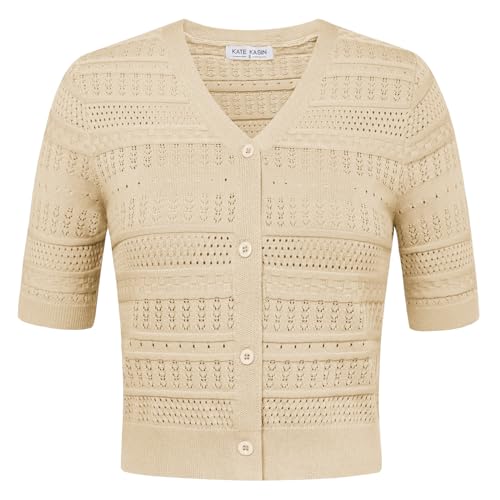 Damen Solid Leicht Strickjacke Festlich Strickmantel Hollowed-Out Strickjacke Casual Strickjacke Kurzarme Strickjacke Beige S KK0705S24-03 von Kate Kasin