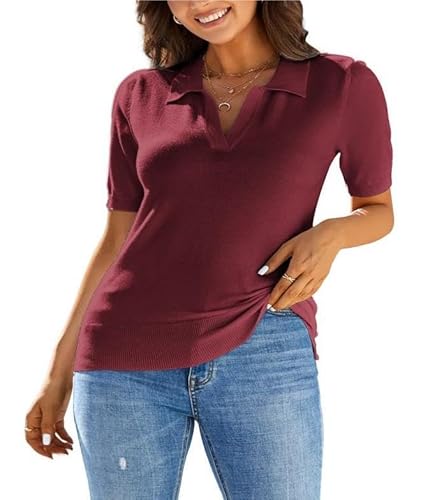 Kate Kasin Damen 2024 Kurzarm Freizeit Pullover Leichtes Lockeres Strickoberteil Polo Shirts Rotwein 2XL von Kate Kasin