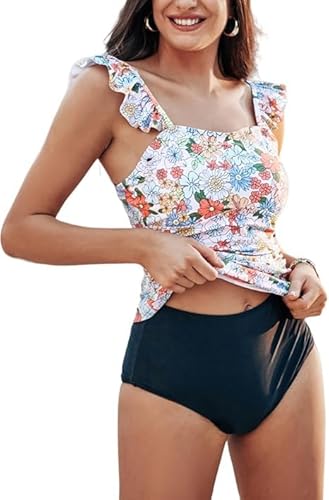 Kate Kasin Damen Badeanzug Wickeloptik High Waist Bauchweg Zweiteiliger Badeanzug Swimsuit Orange Blaue Blume S von Kate Kasin