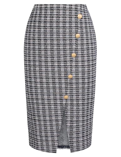 Kate Kasin Damen Casual Plaid Bleistiftrock Elegant Wollrock Knöpfen Lange Rock mit Schlitz Blau S Kate Kasin Damen Casual Plaid Bleistiftrock Elegant Wollrock Knöpfen Lange Rock mit Schlitz Blau S von Kate Kasin