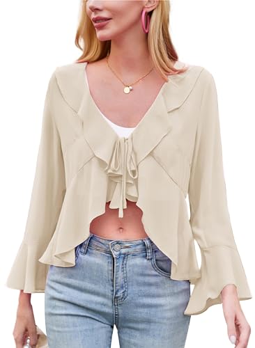 Kate Kasin Damen Chiffon Bolero Binden Vorne Lange Ärmel Rüschen V-Ausschnitt Shrug Achselzucken Strickjacke für Sommerkleider Aprikose L von Kate Kasin