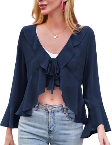 Kate Kasin Damen Chiffon Front Krawatte Bolero Lange Ausgestellte Ärmel Rüsche V-Ausschnitt Shrug Dunkelblau S von Kate Kasin