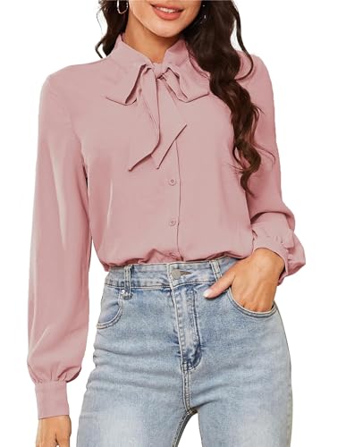 Kate Kasin Damen Elegant Lange Ärmel Hemdbluse mit Stehkragen Büroblusen Lässige Oberteile Rosa M von Kate Kasin