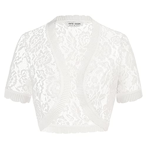 Kate Kasin Damen Elegante Florale Spitze Bolera Shrugs Sommer Kurzarm Offene Front Spitze Mantel für Arbeit Weiß KK0540-01 XL von Kate Kasin