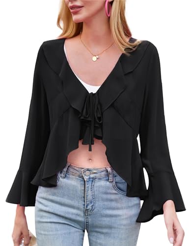 Kate Kasin Damen Chiffon Bolero Langärmelig V-Ausschnitt Bindekragen Rüschen Shrug Schwarz M von Kate Kasin