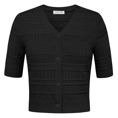 Kate Kasin Damen Leichter Cardigan mit V-Ausschnitt Leicht Gemütlich Strickjacke Hollowed-Out Strickjacke Casual Strickjacke Kurzarme Strickjacke Schwarz M KK0705S24-01 von Kate Kasin