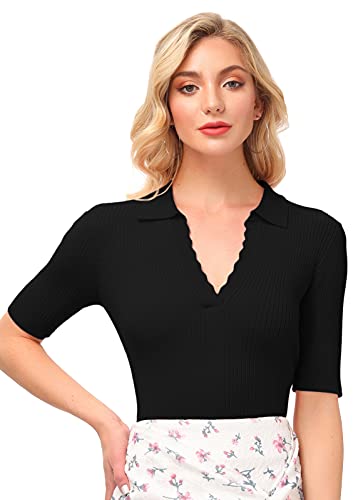 Kate Kasin Damen Modischer V-Ausschnitt Kurzarm Strickpullover Sommer Casual Top Schwarz S von Kate Kasin