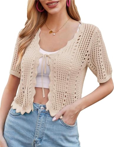 Kate Kasin Damen Open Knit Cardigan Open Front Cropped Sweater Sommer Solid Strickjacken Aprikose M von Kate Kasin