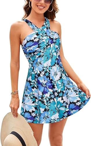 Kate Kasin Damen Retro Einteiliger Badeanzug Elegant Badeanzugkleid Tummy Control Tankinis Neckholder Badeanzug Swimsuit Mit Shorts Badeanzug Blau Blumen M von Kate Kasin