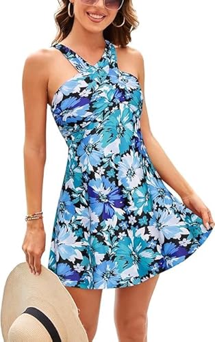 Kate Kasin Damen Retro Einteiliger Badeanzug Elegant Badeanzugkleid Tummy Control Tankinis Neckholder Badeanzug Swimsuit Mit Shorts Badeanzug Blau Blumen XL von Kate Kasin