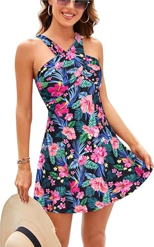 Kate Kasin Damen Retro Einteiliger Badeanzug Elegant Badeanzugkleid Tummy Control Tankinis Neckholder Badeanzug Swimsuit Mit Shorts Badeanzug Rosa Blume-Blau Grün Blätter L von Kate Kasin