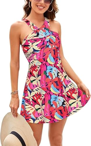 Kate Kasin Damen Retro Einteiliger Badeanzug Elegant Badeanzugkleid Tummy Control Tankinis Neckholder Badeanzug Swimsuit Mit Shorts Badeanzug Schwarze-Bunte Blumen L von Kate Kasin