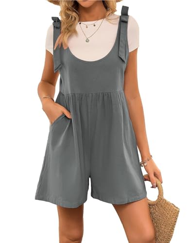 Kate Kasin Damen Sommerlicher Kurzer Jumpsuit Overall Baumwolle und Leinen Gerippter Hosenanzug Strampler Grau Blau L von Kate Kasin