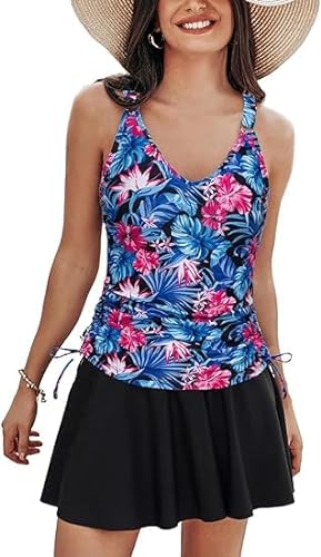 Kate Kasin Damen Badekleid Retro Tummy Control Bademode Eingebauter Badebrief Swim Rock Badeanzug Blau Blume XL von Kate Kasin