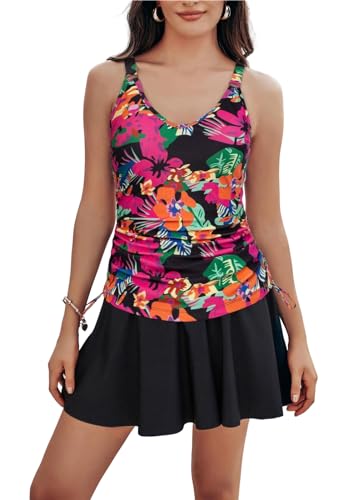 Kate Kasin Damen Tankini Badeanzüge Tummy Control Two Piece V Ausschnitt Ruched Badeanzüge mit Röcken Beach Swim Dress Heißes rosa Blume S von Kate Kasin