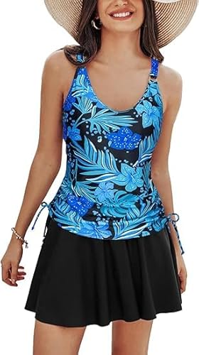 Kate Kasin Damen Tankini Badeanzüge Tummy Control Zweiteilige V-Ausschnitt Ruched Badeanzüge mit Röcken Beach Swim Dress Blau Grünes L von Kate Kasin