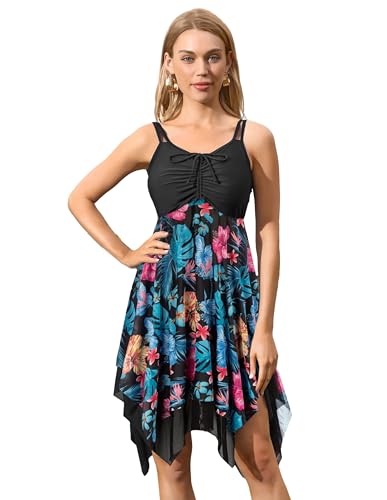 Kate Kasin Damen Zweiteiler Tankini Set Vintage Chiffon Sling Kleid Elastische Getrennter Badeanzug schwarz-tiefrosa M KK0576S23-05 von Kate Kasin