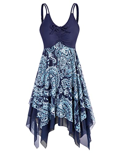 Kate Kasin Damen Bauchweg Tankini Set Zweiteilig Badeanzug Tunica Vintage Chiffon Sling Kleid Elastische Blumen-blau XXL KK0576S23-01 von Kate Kasin