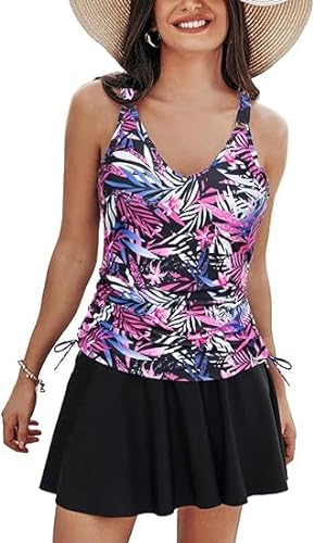 Kate Kasin Damen zweiteilig Badeanzug Tankini Set V-Ausschnitt Bademode mit Röcken Beach Swim Dress Lila Blatt Blume M von Kate Kasin