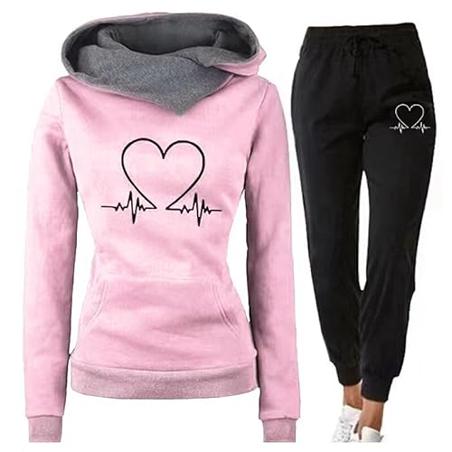 Kavitoz Trainingsanzug für Damen 2 Teiliges Heartbeat Print Outfit Sport und Freizeit Kapuzenpullover Bequeme Slim mit Taschen Hosenanzug Outdoor Sport Sweatshirt Hosenanzug Damen Set von Kavitoz