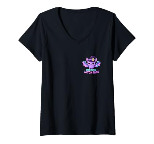 Damen Ruhende Hexe Gesicht Kawaii Fledermaus Pastell Goth Lustig Halloween T-Shirt mit V-Ausschnitt Damen Ruhende Hexe Gesicht Kawaii Fledermaus Pastell Goth Lustig Halloween T-Shirt mit V-Ausschnitt von Kawaii Witchcore Pastel Goth Funny Spooky Cute