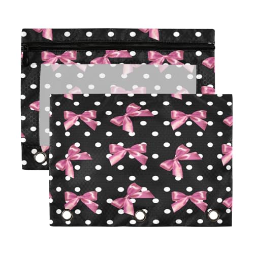 Kcldeci Federmäppchen mit 3 Ringen, Federmäppchen mit Reißverschluss, für 3-Ringbuch, gepunktetes Muster mit rosa Schleifen, Federmäppchen mit transparentem Fenster, 2 Stück Kcldeci Federmäppchen mit 3 Ringen, Federmäppchen mit Reißverschluss, für 3-Ringbuch, gepunktetes Muster mit rosa Schleifen, Federmäppchen mit transparentem Fenster, 2 Stück von Kcldeci