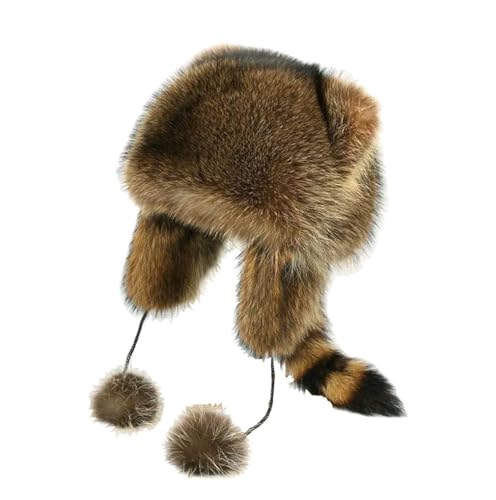 Niedlicher Kunstpelz Waschbärschwanz Eltern-Kind-Plüschmütze, Kunstfell Waschbär Schwanz Coonskin Cap, runde Flache Oberseite Hut Waschbär Schwanz Hüte, Kunstpelzbesetzte Wintermütze (Plush, Adult) von Keeplus